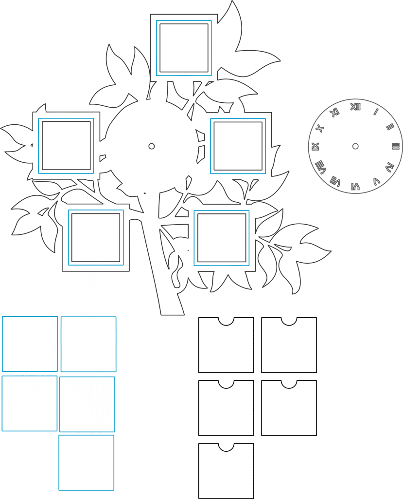 Reloj de árbol con portarretratos — vector para corte CNC