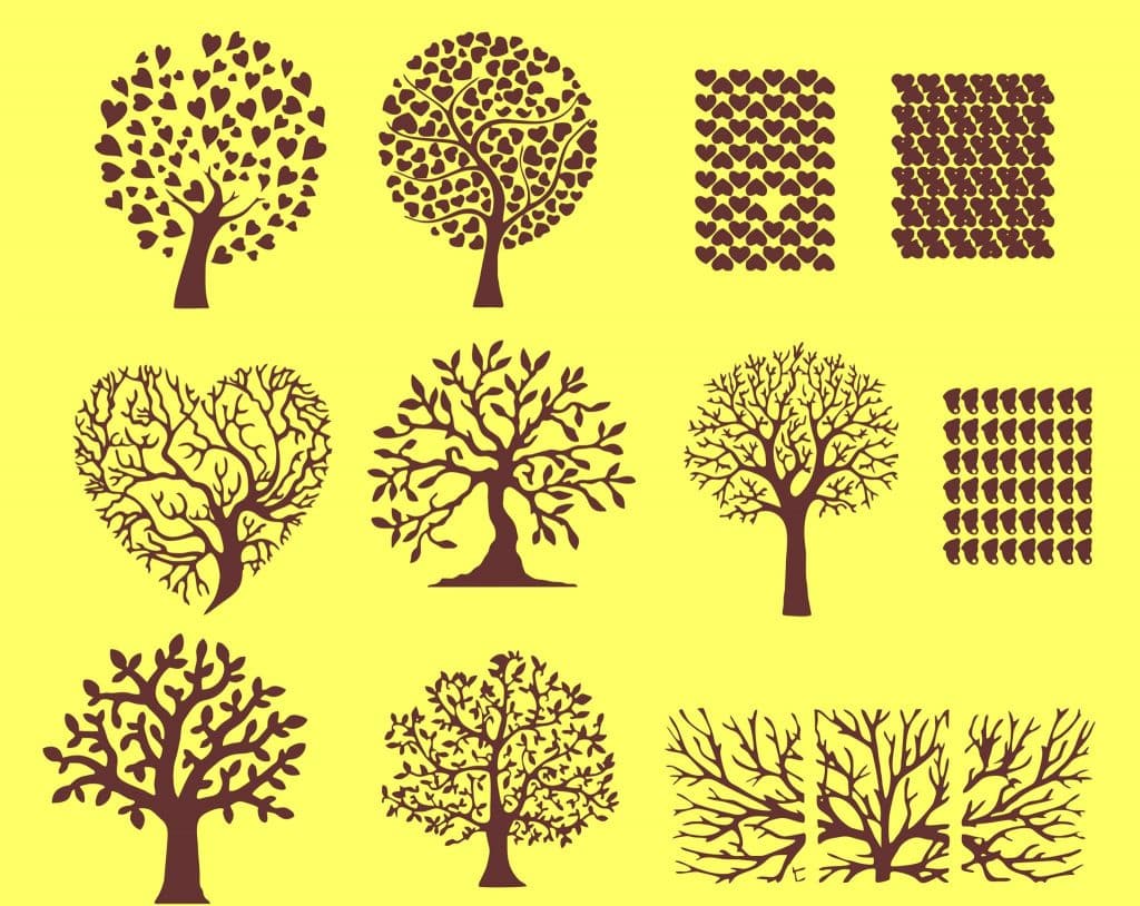 Árboles con hojas de corazón — vector para corte CNC