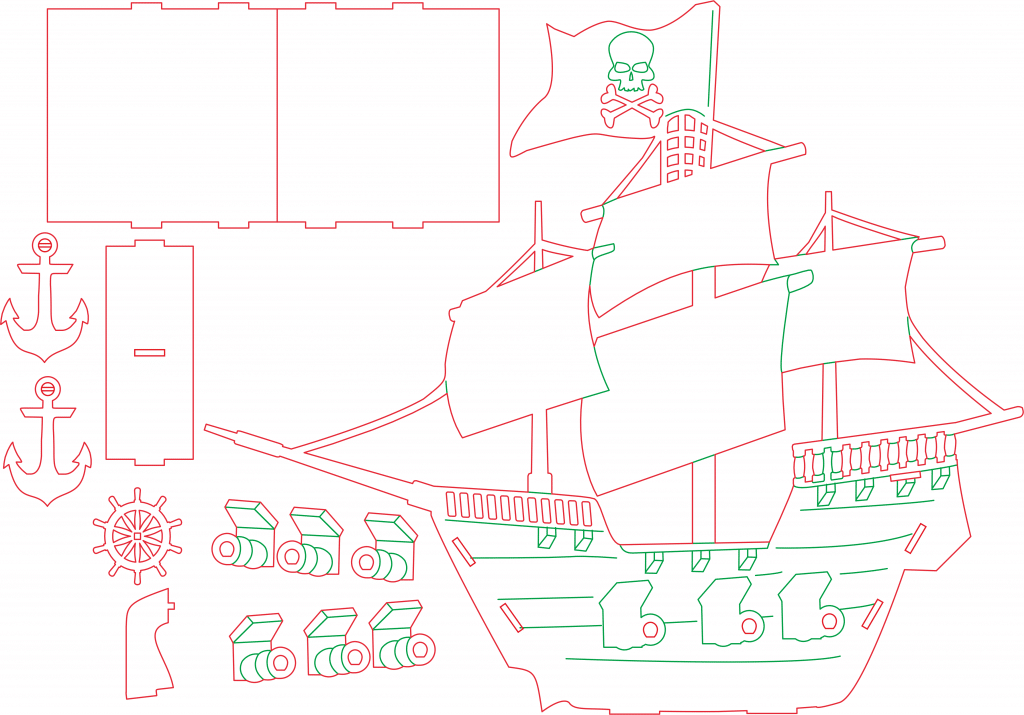 Barco pirata con cañones y ancla — vector para corte CNC