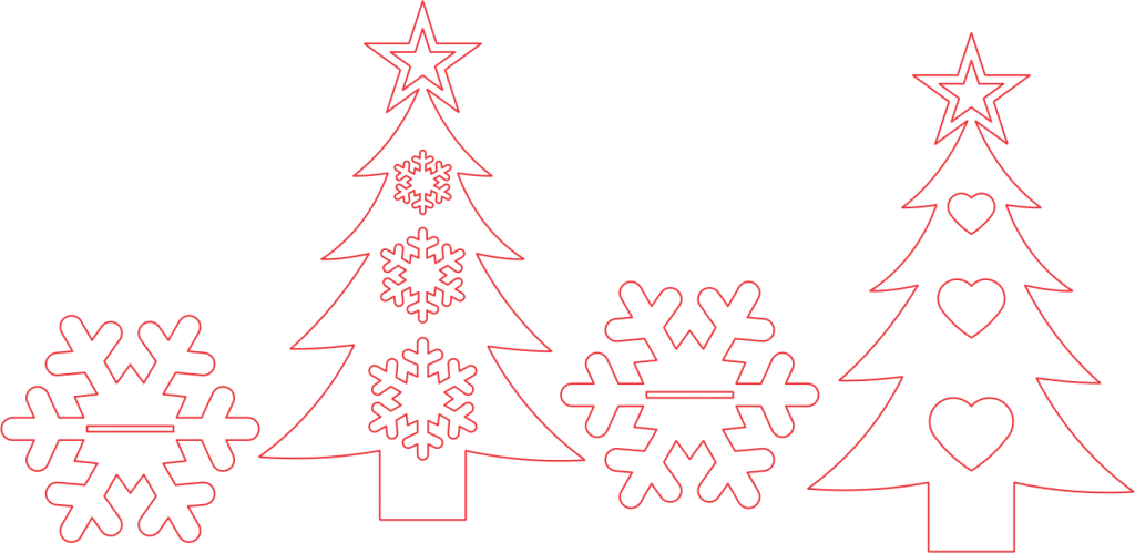 Árboles navideños con base de copos — vector para corte CNC