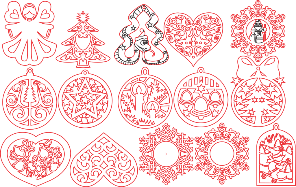 Colgantes navideños de eferas, copos y corazones — vector para corte CNC