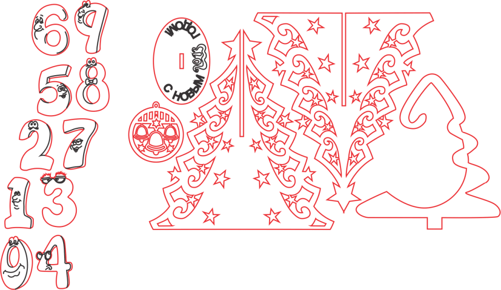 Diseños de pinos y números con carita — vector para corte CNC