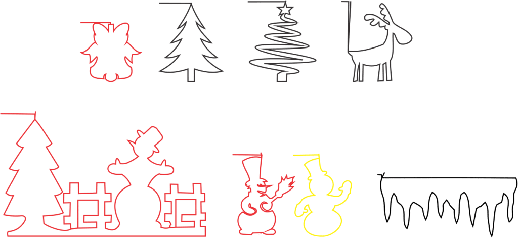 Siluetas de pinos y muñecos de nieve — vector para corte CNC