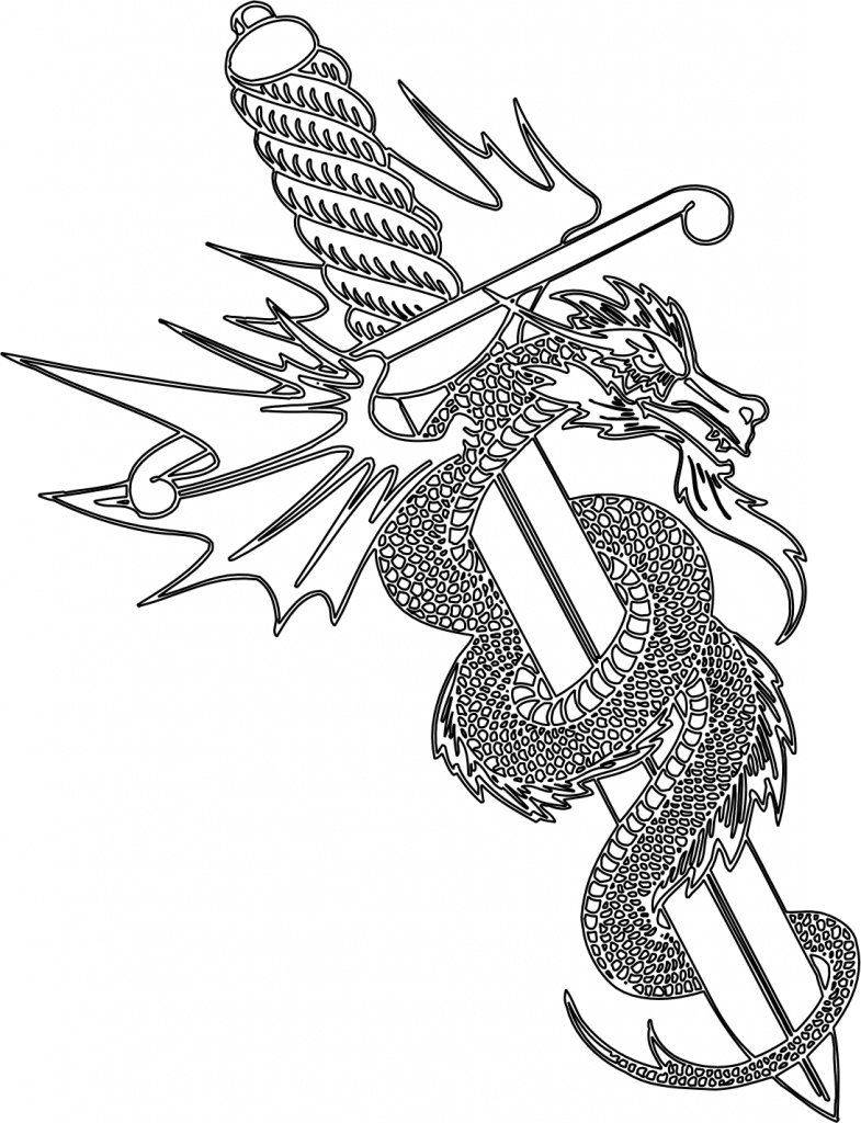 Dragón rodeando una espada — vector para corte CNC