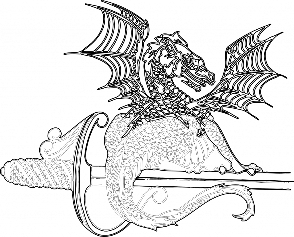 Poderoso dragón sobre espada — vector para corte CNC