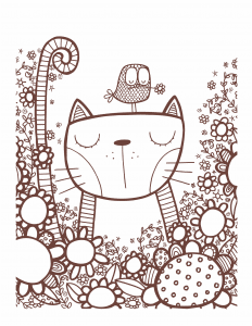 Caricatura de gato con ave