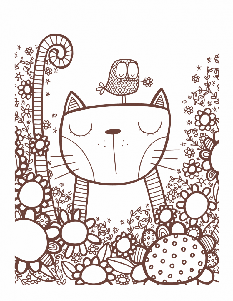 Caricatura de gato con ave — vector para corte CNC