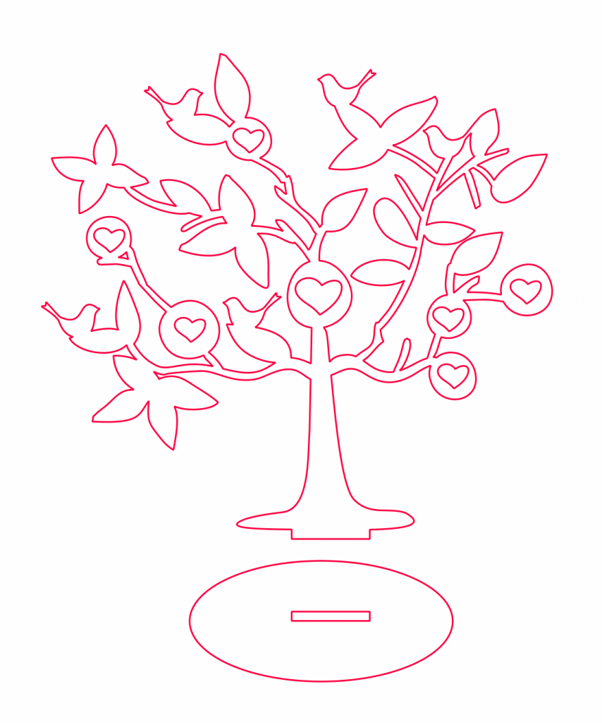 Árbol «Pájaros y corazones» — vector para corte CNC