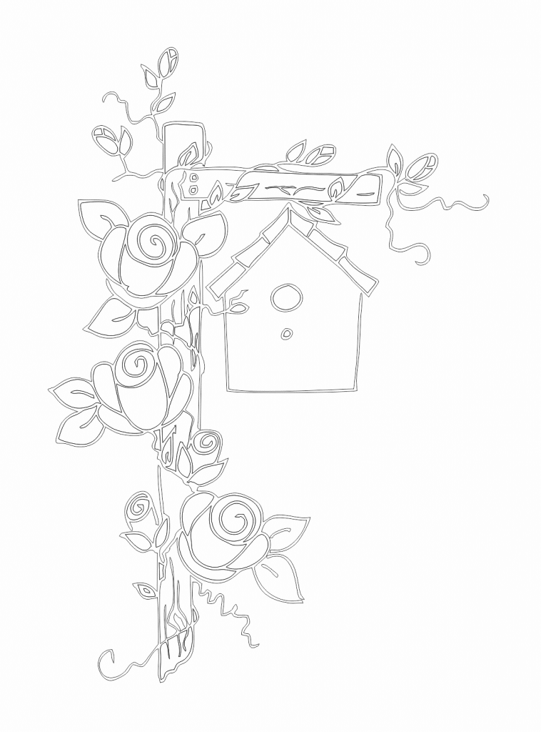 Casa de aves con rosas — vector para corte CNC