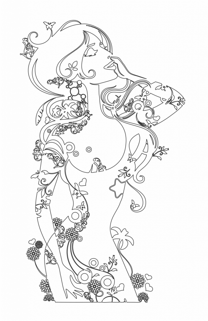Silueta de mujer «Flores y mariposas» — vector para corte CNC