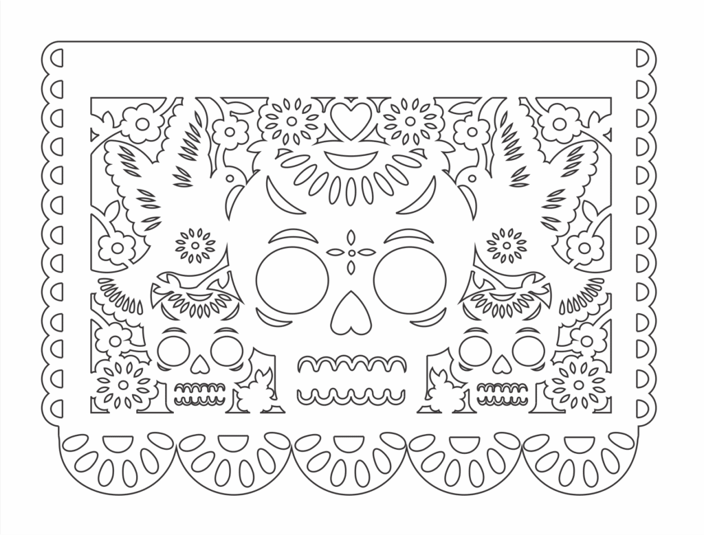 Papel picado «3 calaveras y palomas» — vector para corte CNC