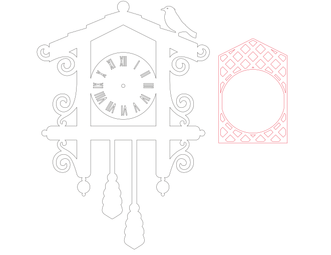 vector descargable para reproducir un reloj cucú de pared. Utiliza máquina de corte CNC para la realización de este proyecto.