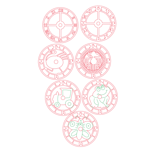 Vector descargable para reproducir una serie de relojes infantiles. Utiliza máquina de corte CNC para la realización de este proyecto.