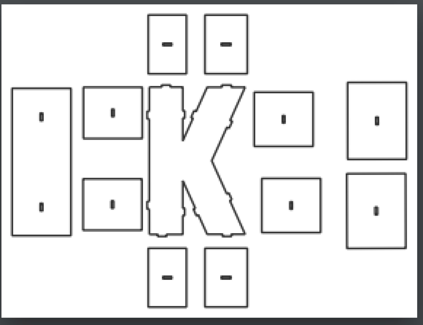 vector descargable para reproducir una caja de letra K.  Utiliza tu máquina de corte CNC para la realización de este proyecto.
