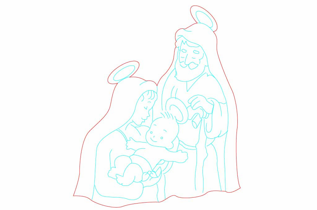 vector descargable para reproducir el diseño de una figura con la imagen de José, María y niño Jesús  Utiliza tu máquina de corte CNC