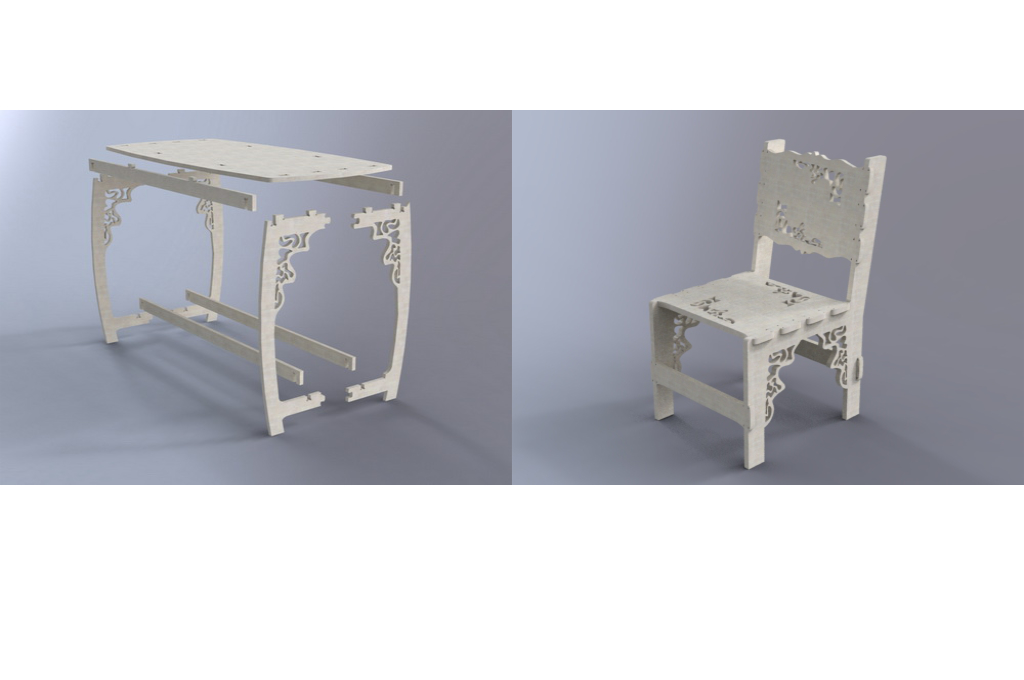 vector descargable para reproducir el diseño de una mesa y silla.   Utiliza tu máquina de corte CNC