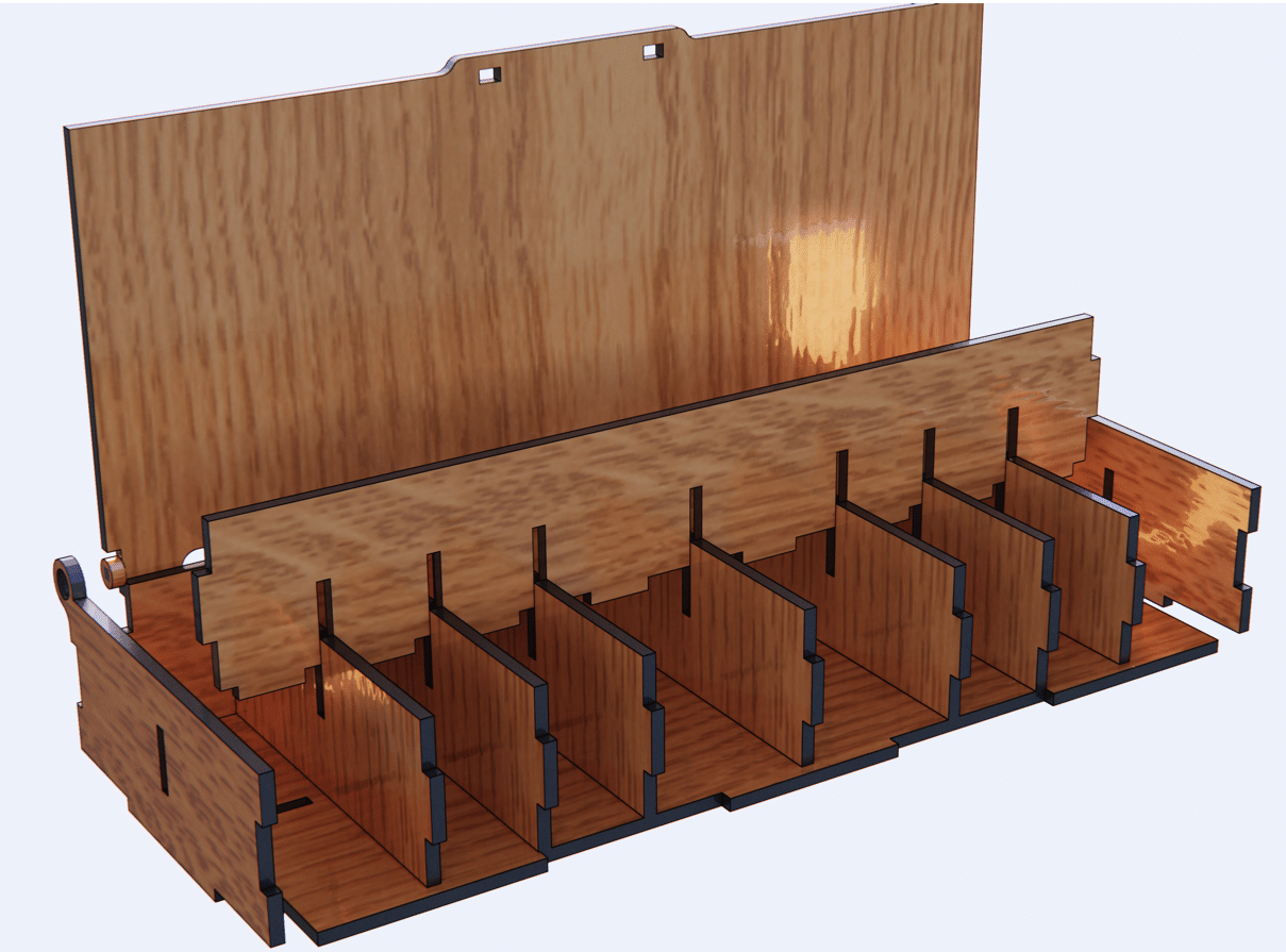 vector descargable para reproducir el diseño de una caja con divisiones.   Utiliza tu máquina de corte CNC para la realización de este proyecto.
