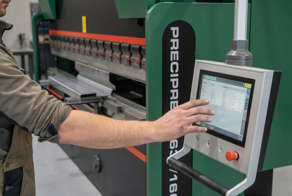 Dobladora CNC: operador en el panel de control digital — Stanser