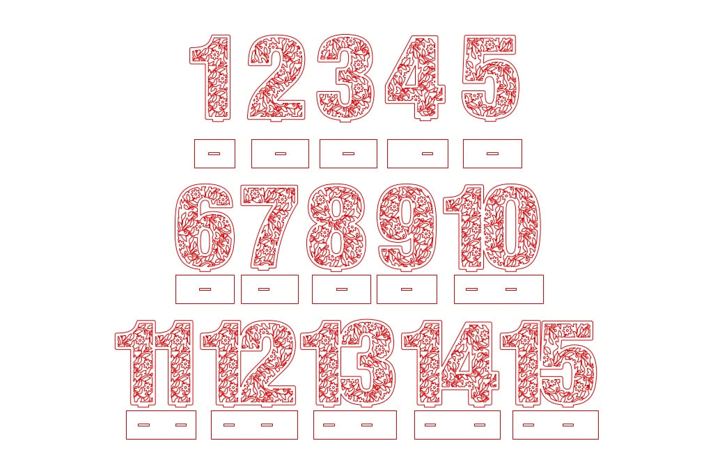 Números con base del 1 al 15 — vector para corte CNC