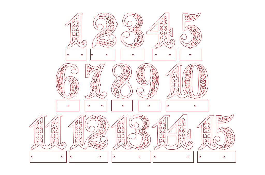 Números calados del 1 al 15 — vector para corte CNC